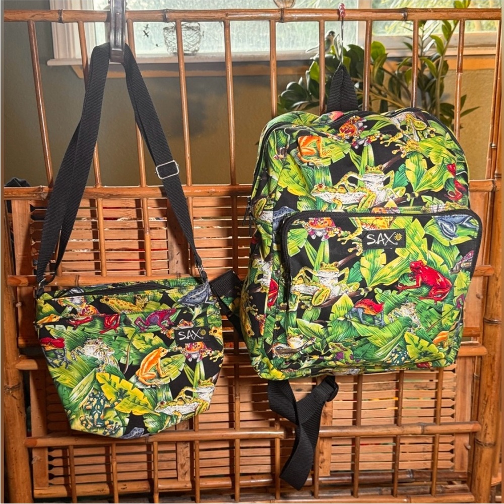 SAX brand backpack & purse with a tropical frog and leaf print
